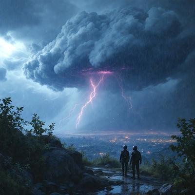 The primary subject of the image is a couple walking on a path under a massive, lightning-filled cloud. The setting is a rocky hillside with a city visible in the background. The visual style is a digital art, and the colors and mood are dramatic and intense, with the lightning illuminating the scene.